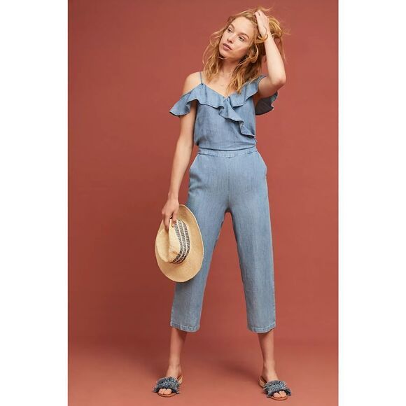 Anthropologie- Michael Stars Ruffled Open-Shoulder Jumpsuit - Picture 1 of 10